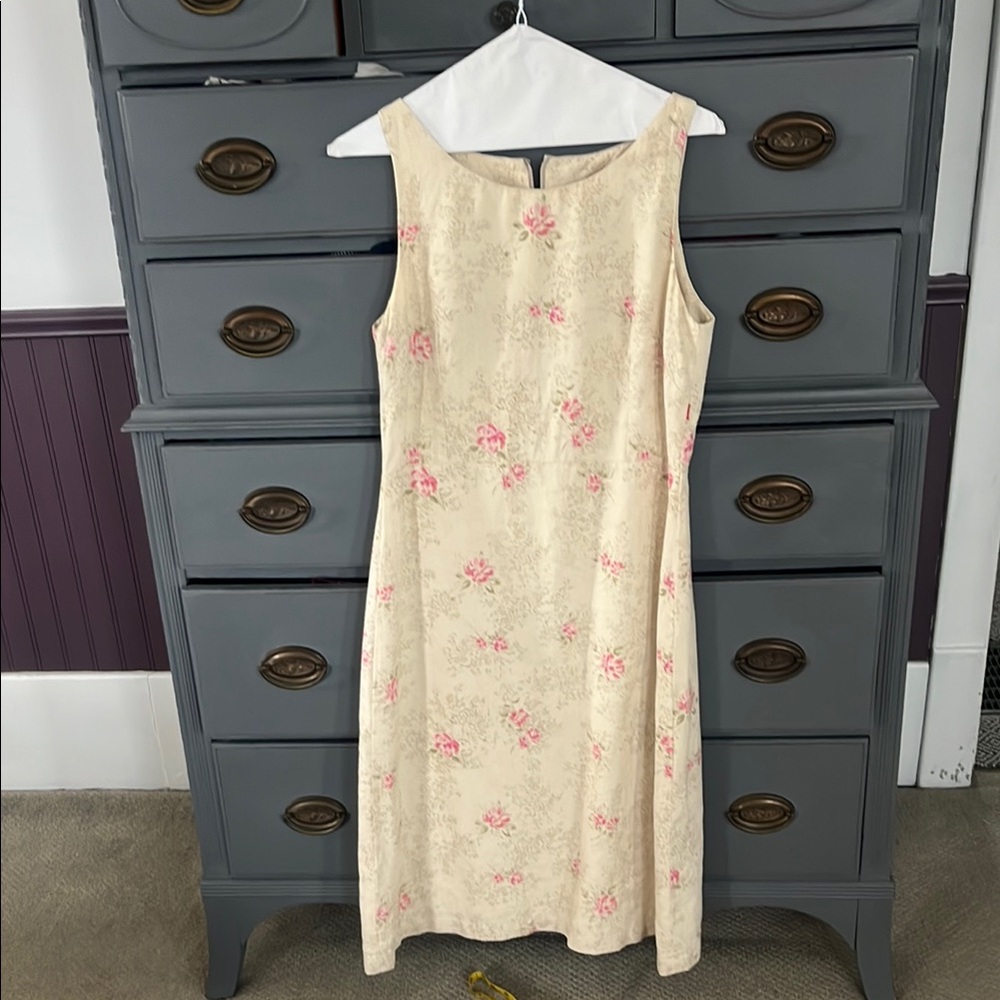 Sleeveless Cream Midi Dress with Pink Floral Print
